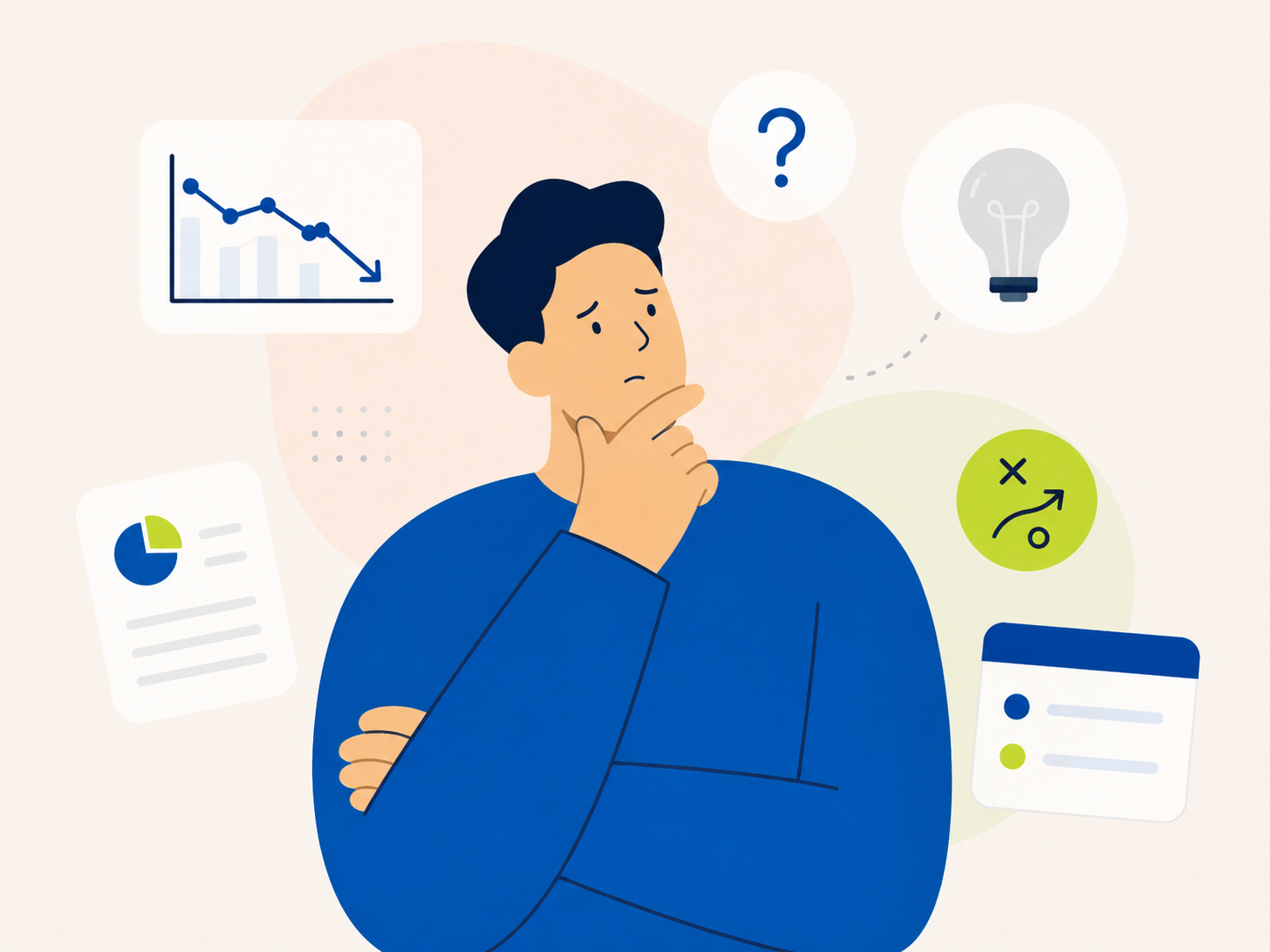 金融UIの設計に頭を悩ませる担当者のイラスト